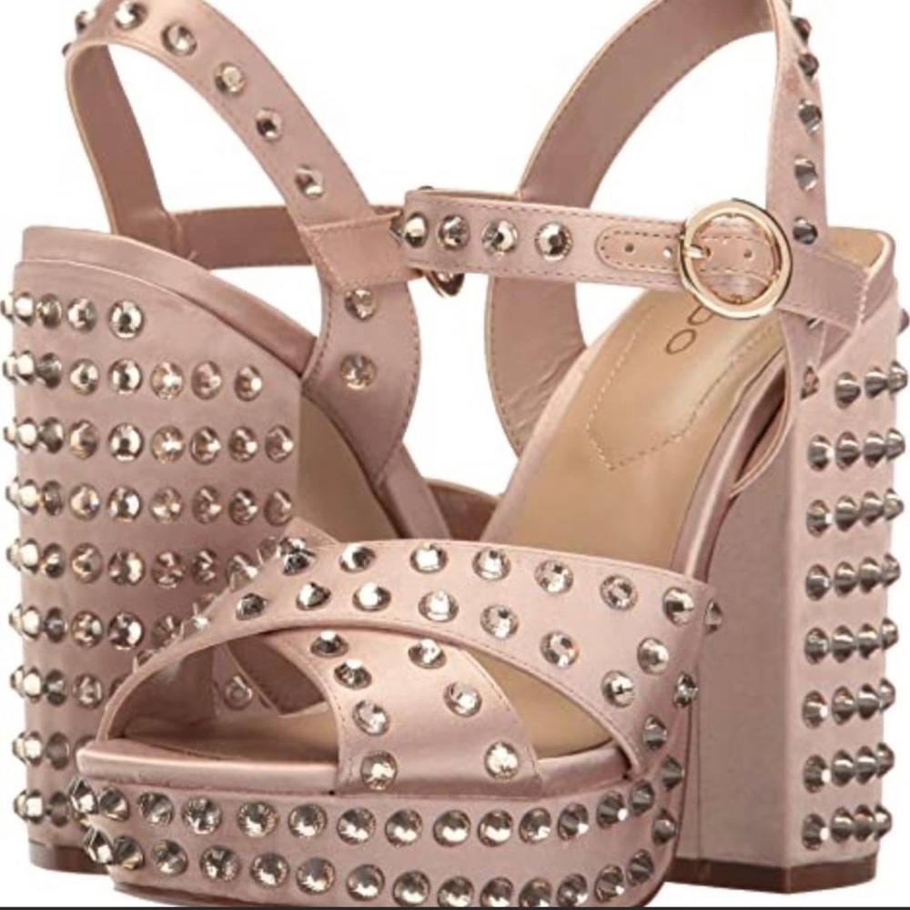 ALDO Britain Rhinestone Pink Rose Studded Satin Platform Heels Size 8